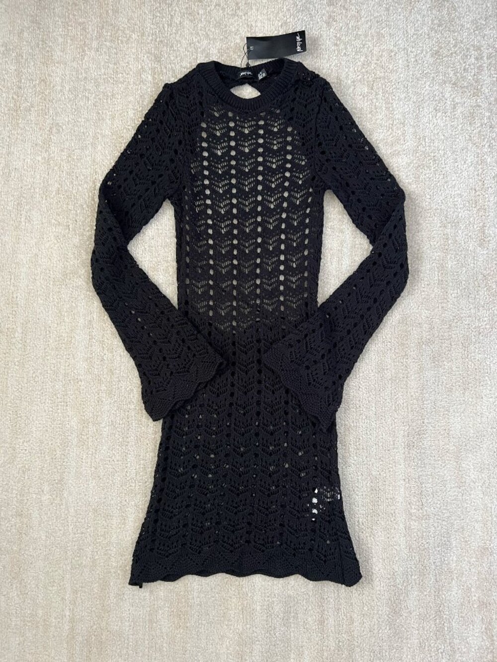 NWT Nasty Gal Boho Cotton Open Back Crochet Long Sleeve Mini Dress 2 Black